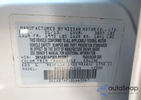 2013 Nissan Sentra z USA, uszkodzony, nr VIN 3N1A87AP3DL665067